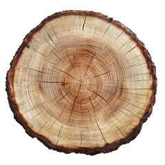 Top view of a tree stump slice isolated on transparent background. Crosscut of a beautiful wood grain. Closeup of wooden surface texture.