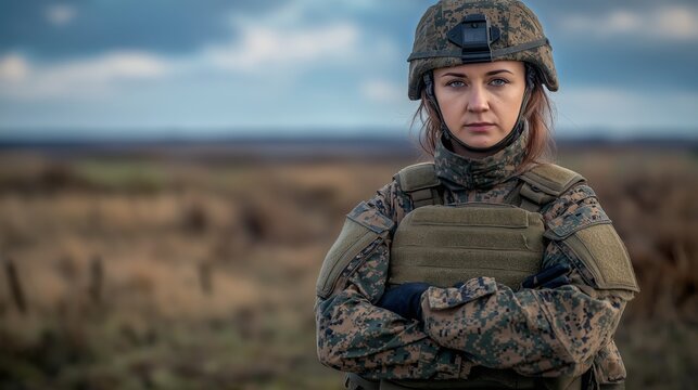 Polish Female Soldier in Military Uniform Standing Confidently in Field, Army Gear, Defense and Security Portrait
