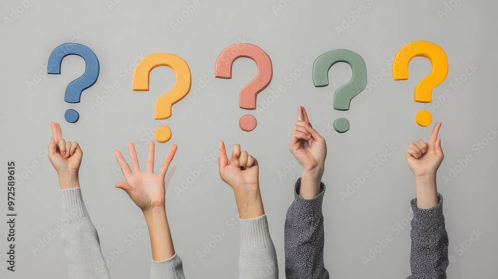 Poster Multiple hands pointing at colorful question marks on a gray background. Symbolizing direction and seeking solutions.