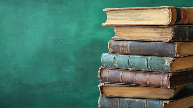A stack of aged, worn books with leather covers, set against a rich green background, symbolizing knowledge and history