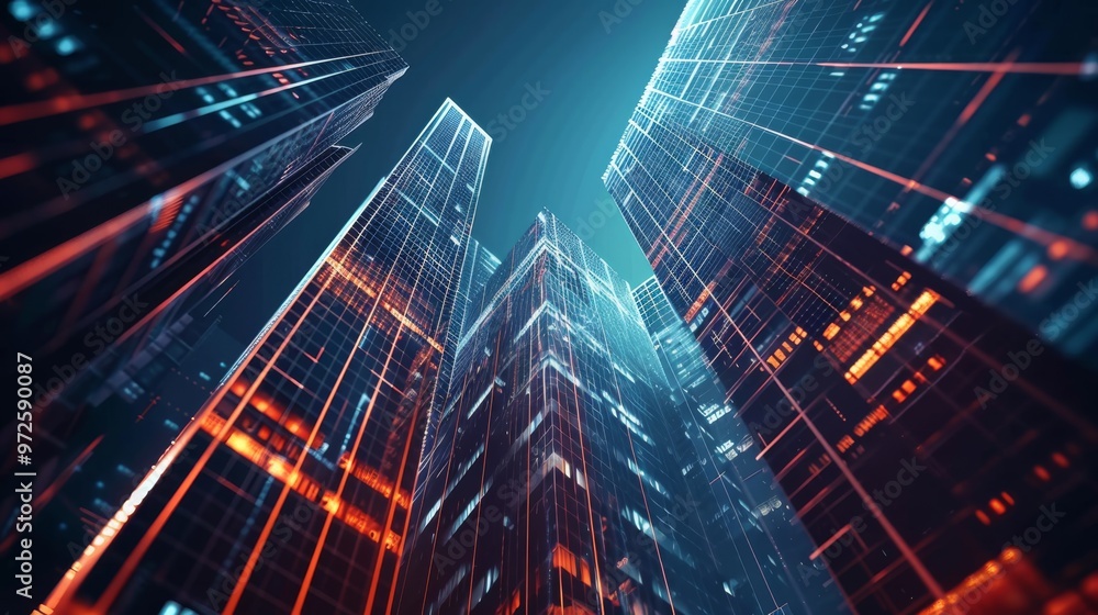 Poster Advanced holographic projection of a contemporary business district displaying a cluster of glass and steel skyscrapers with sharp, angular lines against a dark backdrop.
