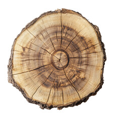 Top view of a tree stump slice isolated on transparent background. Crosscut of a beautiful wood grain. Closeup of wooden surface texture.
