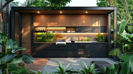 A modern outdoor kitchen cabinet with a sleek design and multiple compartments. The cabinet is located in a backyard setting with lush greenery