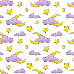Magic night seamless pattern. Cute baby boho seamless pattern with simple moons, stars, clouds. Soft colors print design for kids fabric and nursery decor. Gender neutral vector Illustration