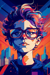 A colorful digital portrait of a boy wearing glasses, set against a futuristic cityscape background, blending modern art with bold, dynamic colors