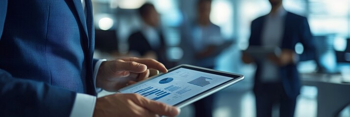Focused businesswoman analyzing digital financial data on a screen in a modern office. Technology-driven analysis and business strategy concept