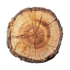 Top view of a tree stump slice isolated on transparent background. Crosscut of a beautiful wood grain. Closeup of wooden surface texture.