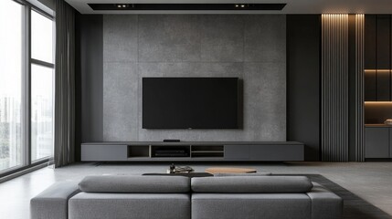 Grey sofa against tv unit Minimalist interior design of modern living room, home