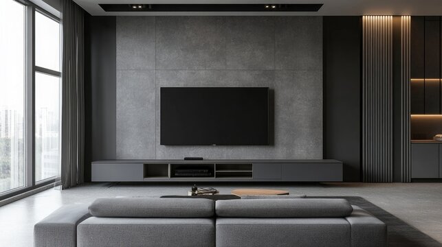 Grey sofa against tv unit Minimalist interior design of modern living room, home