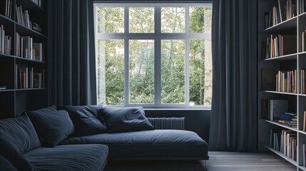 Fototapeta premium Grey sofa against window and book shelving unit Scandinavian home interior design of modern living room