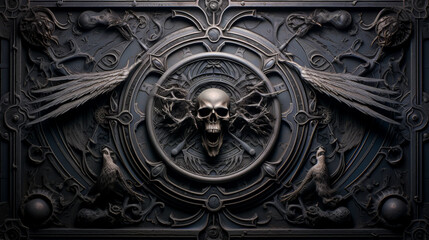 Gothic artwork featuring a central skull surrounded by ravens and dark ornamental elements, evoking themes of death, mystery, and the macabre