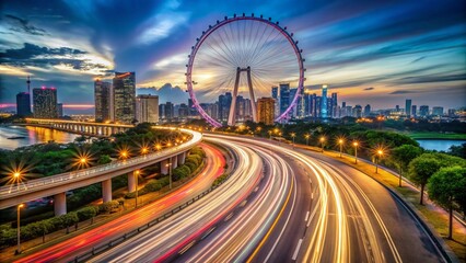 Fototapeta premium A long exposure shot of traffic or the Singapore Flyer creates a sense of movement.