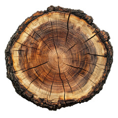 Fototapeta premium Top view of a tree stump slice isolated on transparent background. Crosscut of a beautiful wood grain. Closeup of wooden surface texture.