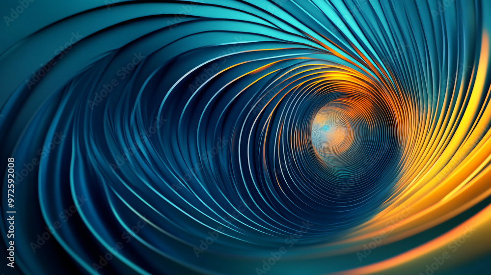 Poster Swirling abstract background creating a tunnel illusion with vibrant orange and blue gradients, ideal for tech-themed projects