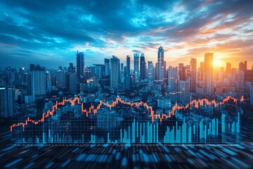 Fototapeta premium Modern Cityscape With Stock Market Analysis Data, Financial Growth And Investment Concept.