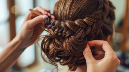 A woman is getting her hair braided into an intricate updo by a stylist, likely in preparation for a wedding. The womans hair is brown and wavy, and the stylist is carefully weaving the braid