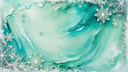 Aquatic abstract art with turquoise and white colors featuring snowflakes and winter theme