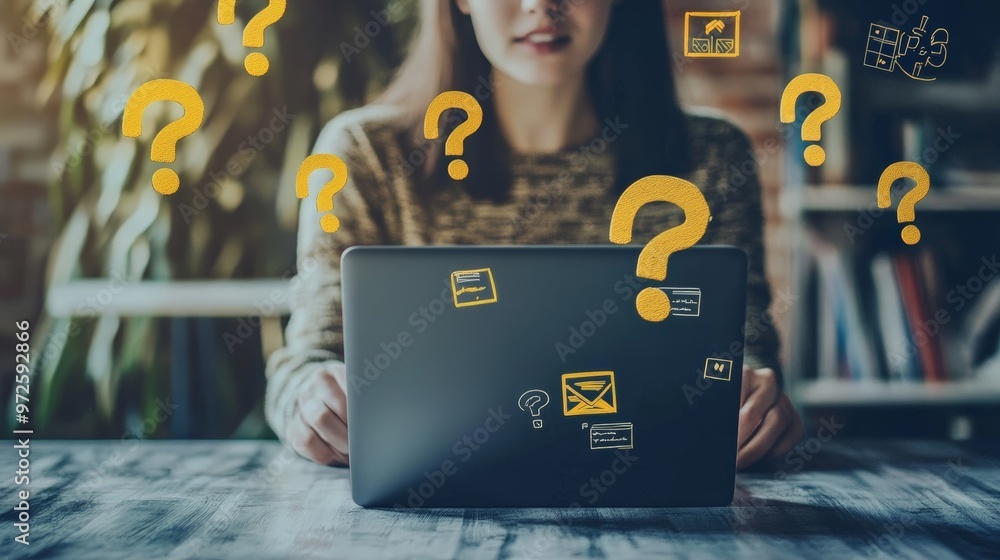 Poster close-up of a woman pondering with yellow question marks floating around her laptop. represents inqu