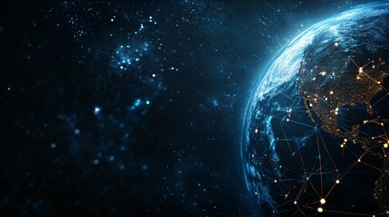 Obraz premium The earth spins in the vastness of space, illuminated by data connections