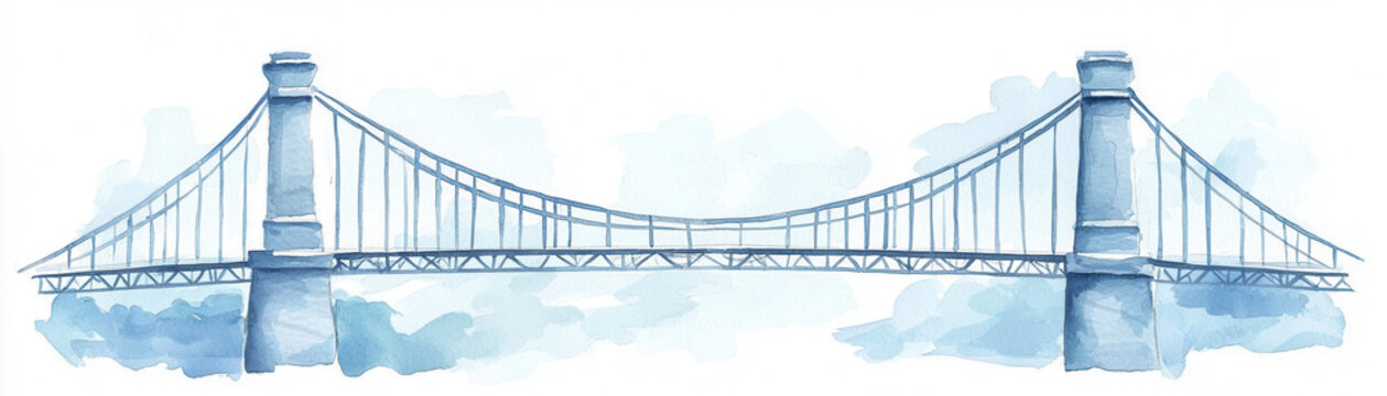Suspension bridge, tension cables and pillars, engineering marvel, Watercolor style