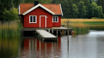Obraz premium Picturesque Red Cottage on Stilts by the Lake, Surrounded by Lush Greenery and Reflections.