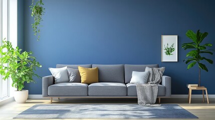 Interior design of modern apartment, gray sofa in living room over blue mock up wall, home design