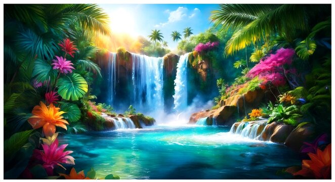 Sch&ouml;ne Aquarell Abbildung Wasserfall in Tropen 