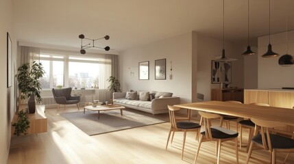 Fototapeta premium Interior design of modern scandinavian apartment, living room and dining room, panorama