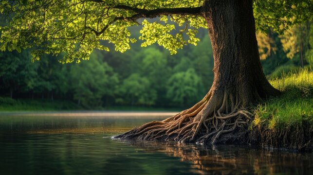 A tree growing near the water's edge, its roots submerged, blending with the natural surroundings in a tranquil scene.