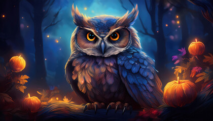 Obraz premium Owl sitting silently, adding a mysterious touch to a nighttime Halloween setting. _1(627)