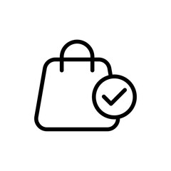 shopping bag icon with check mark, completed order symbol. line vector isolated on white background. trendy and modern design