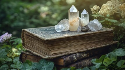 A vintage book sits among lush greenery adorned with various crystals, creating a mystical woodland atmosphere