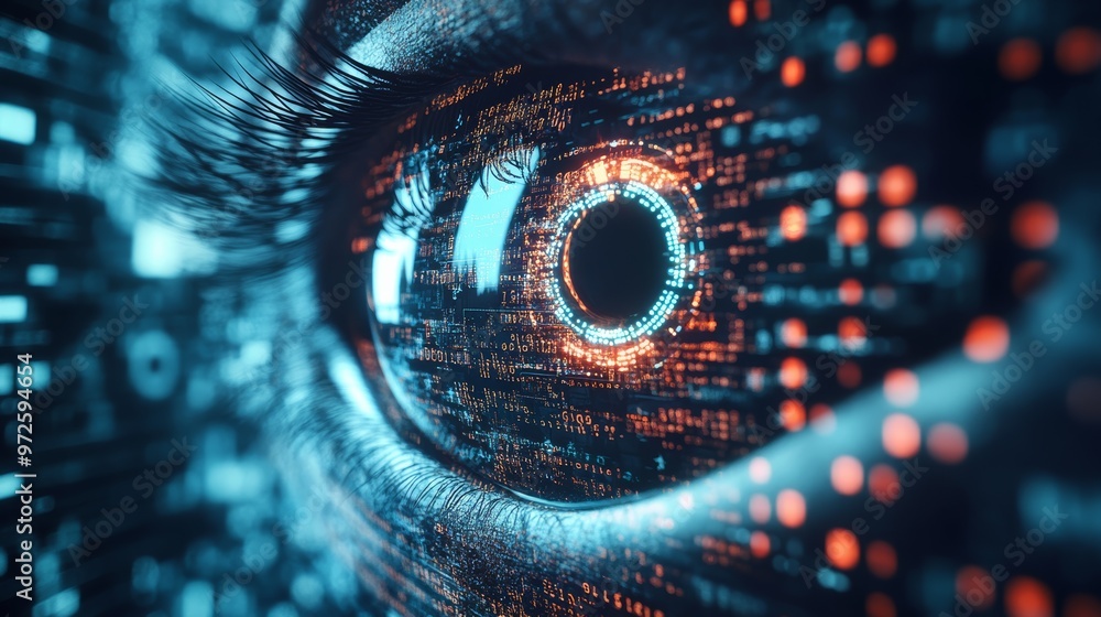 Poster High-tech eye with digital code and security symbols. Represents AI, machine learning, and cybersecurity.