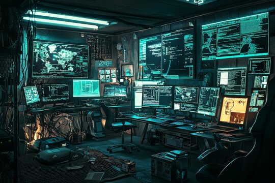 A depiction of a cyber criminal's underground lair, with stolen data, multiple screens, and sophisticated hacking tools, representing the dark side of the internet