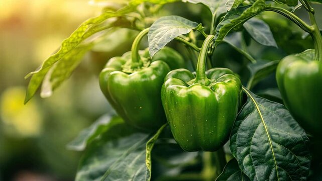 Green Bell Peppers on a Plant