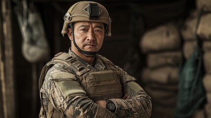 Central Asian Soldier in Military Gear Posing Confidently for Stock Photo Use in Defense, Training, or Recruitment Campaigns