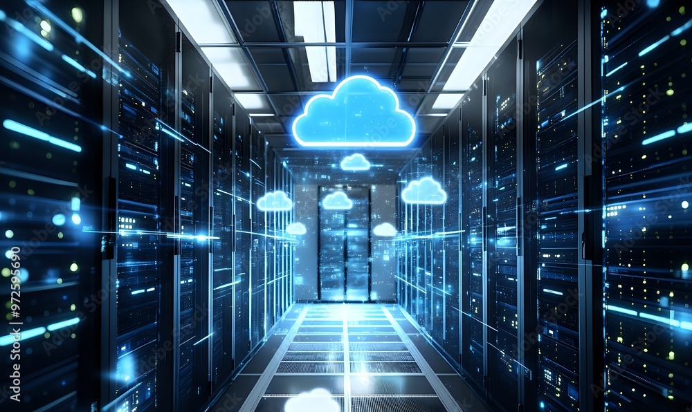 Poster abstract futuristic server room with glowing blue cloud symbols representing data storage and transf