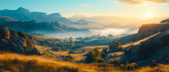 A panoramic view of a serene mountain valley during sunrise, featuring rugged cliffs, lush vegetation, and mist-covered rolling hills, perfect for travel brochures, nature blogs, and meditation apps,