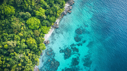 Aerial view of a tropical island meeting crystal clear turquoise waters, showcasing a vibrant coral reef below