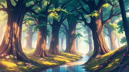 Anime-style illustration of a quiet forest with river, big and tall trees
