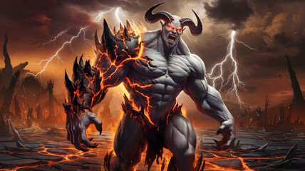 Fototapeta premium Powerful Depiction of Satan as the Embodiment of Wrath: A Fiery Symbol of Rage and Destruction, Representing the Biblical Sin of Wrath in Christian Theology, Amidst a Stormy and Molten Landscape