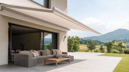 Retractable awning shading patio set, providing sun protection for modern outdoor seating, Functional elegance, outdoor living