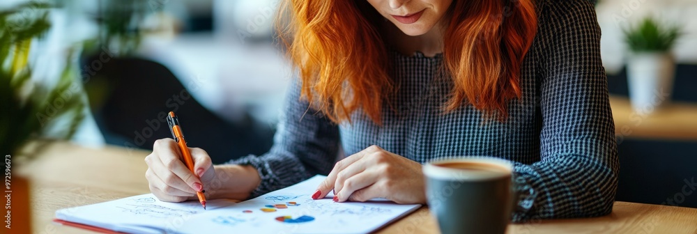 Poster Red-haired woman concentrating on sketching diagrams in a notebook with coffee. Creative business strategy development and planning.