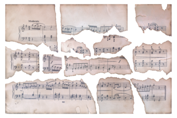 Set of fragments of various antique scores of old composers with yellowed aged edges to create a unique background, design element. No shadow. Isolated on transparent background. Cut out. PNG