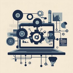 Obraz premium Abstract Illustration of a Laptop with Gears and Other Objects