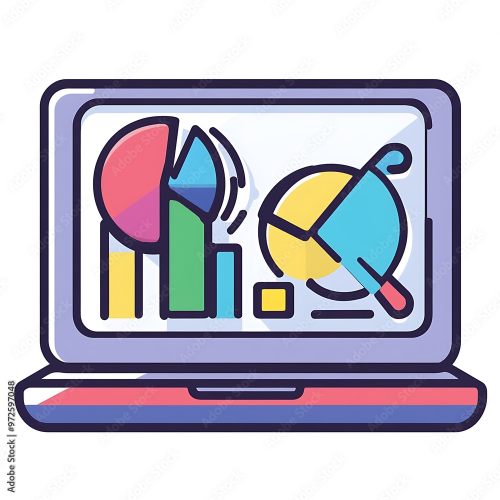 Poster Laptop Display Showing Pie Charts and Bar Graphs