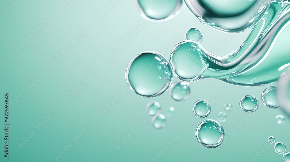 Poster close-up of translucent bubbles floating in a soft teal background.