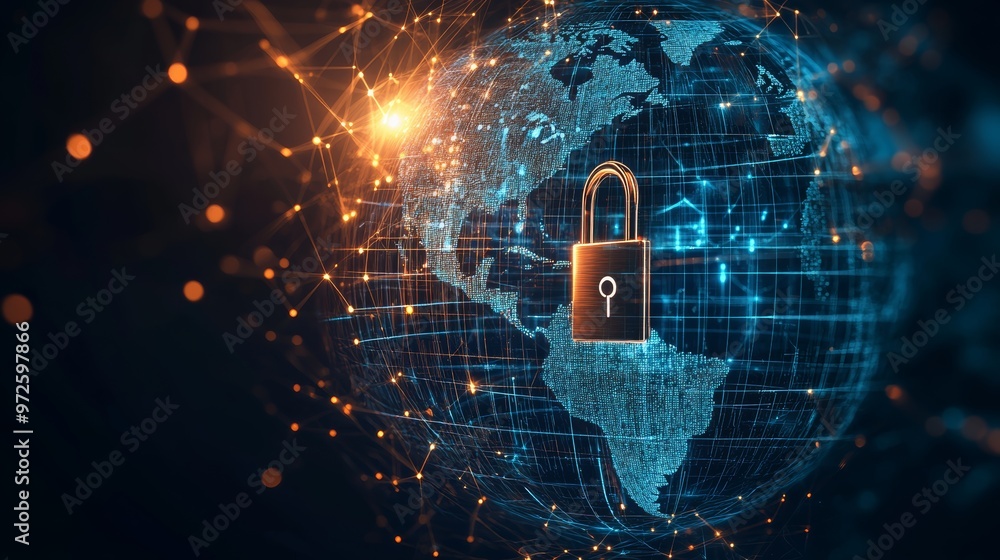 Poster digital padlock icon overlaying a globe representing global cybersecurity. concept of international 