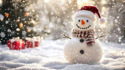 Fototapeta premium A cheerful snowman standing in a snowy winter scene with festive decorations and a holiday vibe