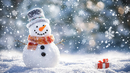 Obraz premium A cheerful snowman standing in a snowy winter scene with festive decorations and a holiday vibe